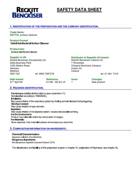 Identification of the material and supplier <strong>SAFETY DATA SHEET</strong> Product name : SDS # : Material uses : <strong>Disinfectant Spray</strong> Consumer. . Dettol all in one disinfectant spray safety data sheet